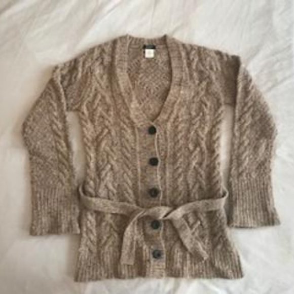 EUC J. Crew Tan Marl Button-up V-neck Cardigan Sweater with Belt Size M - Picture 1 of 3